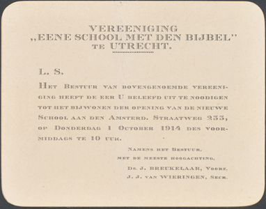 711697 Uitnodigingskaartje voor de opening van een nieuwe school aan de Amsterdamsestraatweg 233 van de Vereeniging ...
